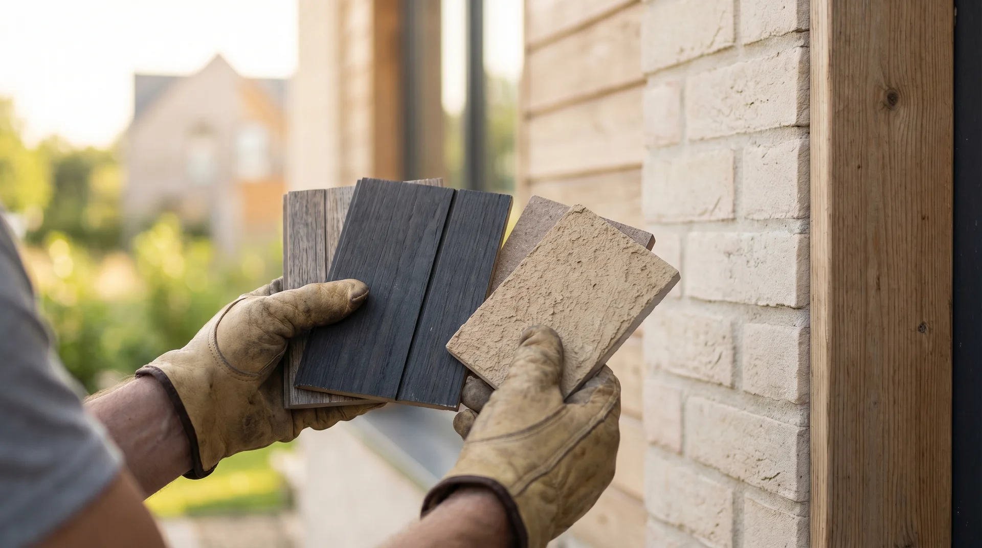 Person håller provplattor för fasadmaterial framför tegelvägg.