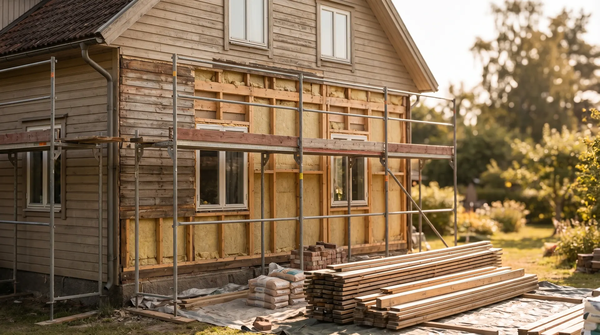 Hus under renovering med byggnadsställning och trämaterial utanför.