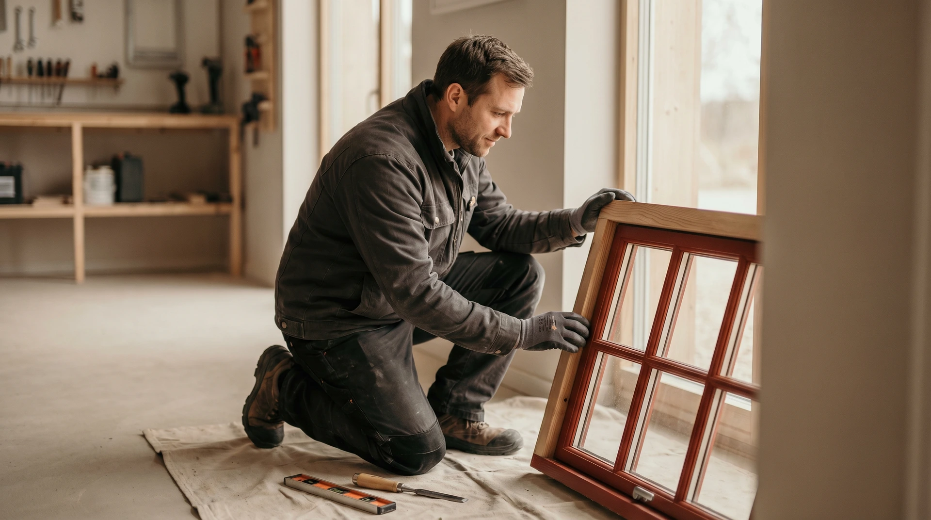En hantverkare installerar ett rödbrunt fönster i ett ljust rum.
